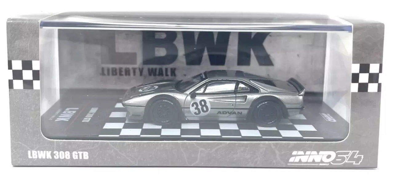 LBWK (LIBERTY WALK) 308 GTB #38 GRAY 1/64 CAR BY INNO MODELS IN64-LBWK308-GREY