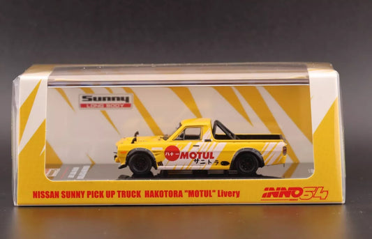 NISSAN SUNNY HAKOTORA PICKUP RHD "MOTUL" YELLOW 1/64 BY INNO MODELS IN64-HKT-MOT