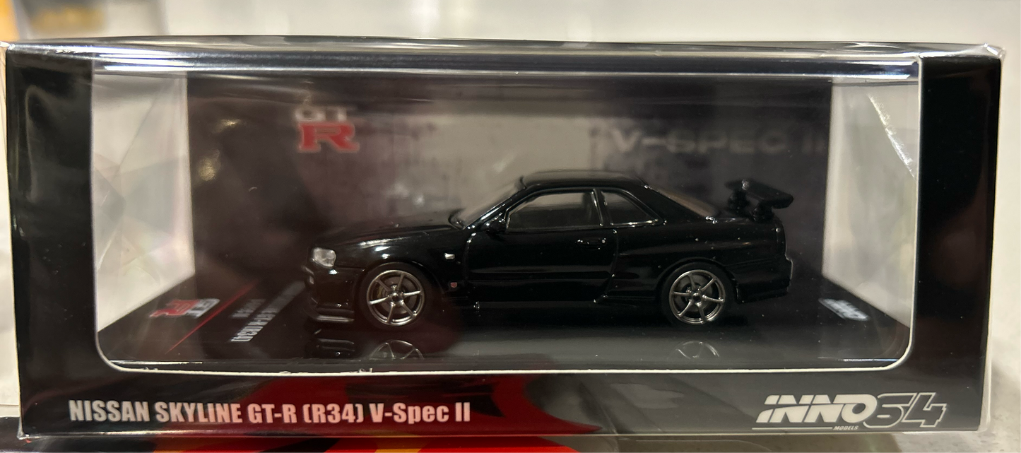 NISSAN SKYLINE GT-R (R34) V-SPEC II RHD BLACK 1/64 BY INNO MODELS IN64-R34VS-BLA father day special