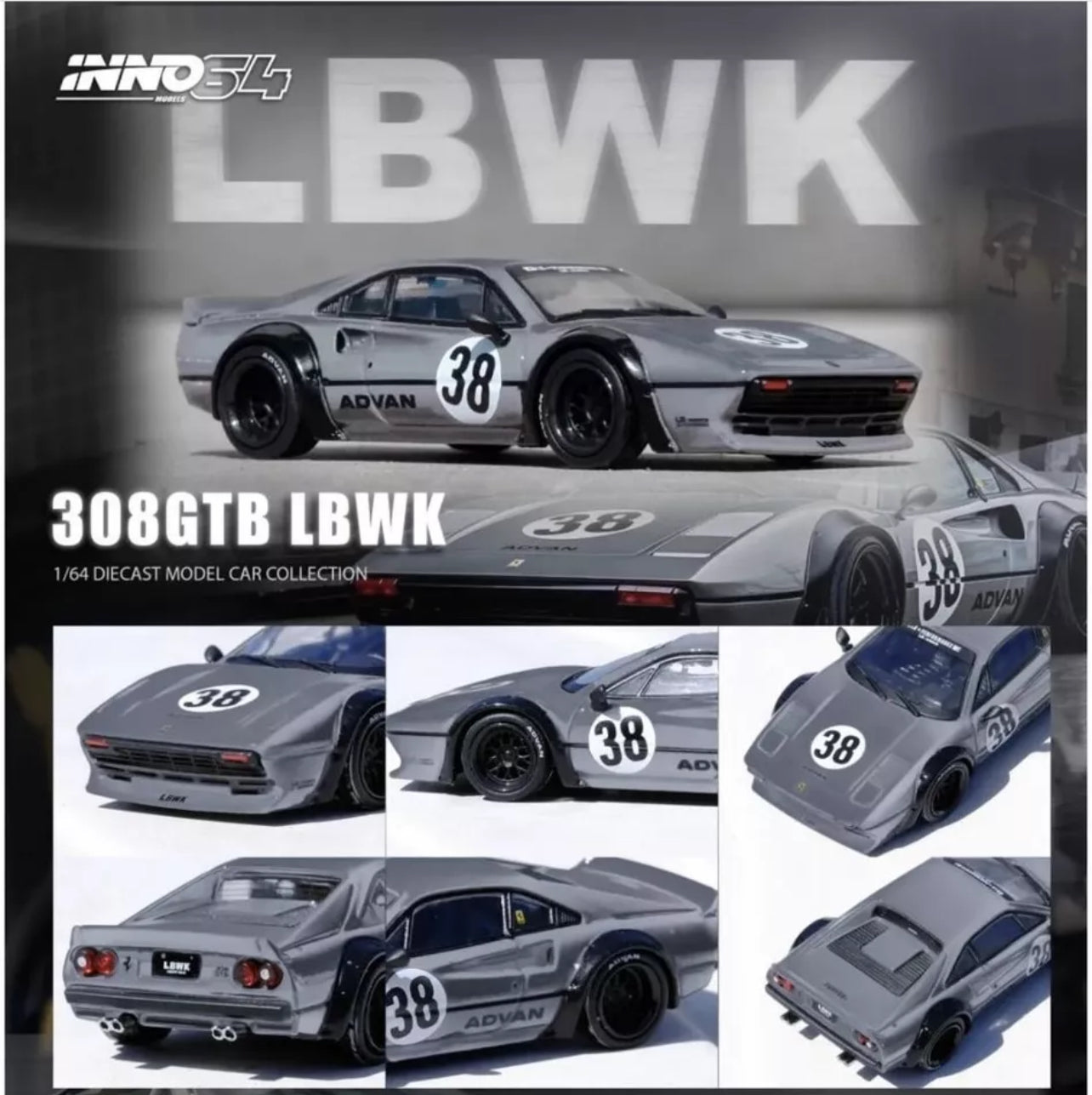 LBWK (LIBERTY WALK) 308 GTB #38 GRAY 1/64 CAR BY INNO MODELS IN64-LBWK308-GREY