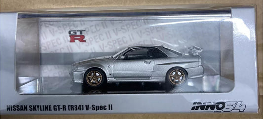 INNO64 1/64 Die-cast NISSAN SKYLINE GT-R (R34) V-Spec II Silver (in hand)